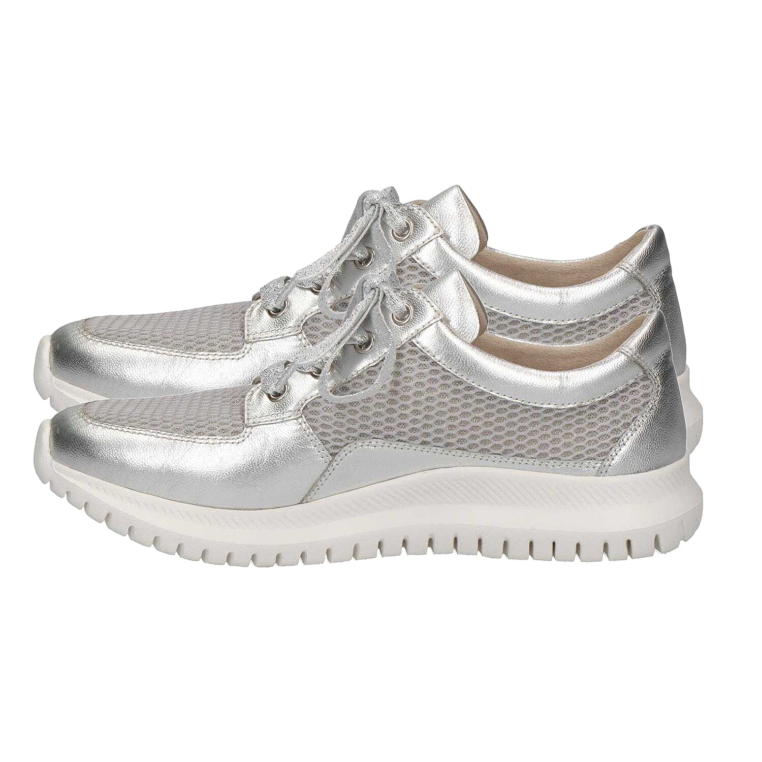 Caprice Metallic Leather Trainer in Silver (Size 3.5)