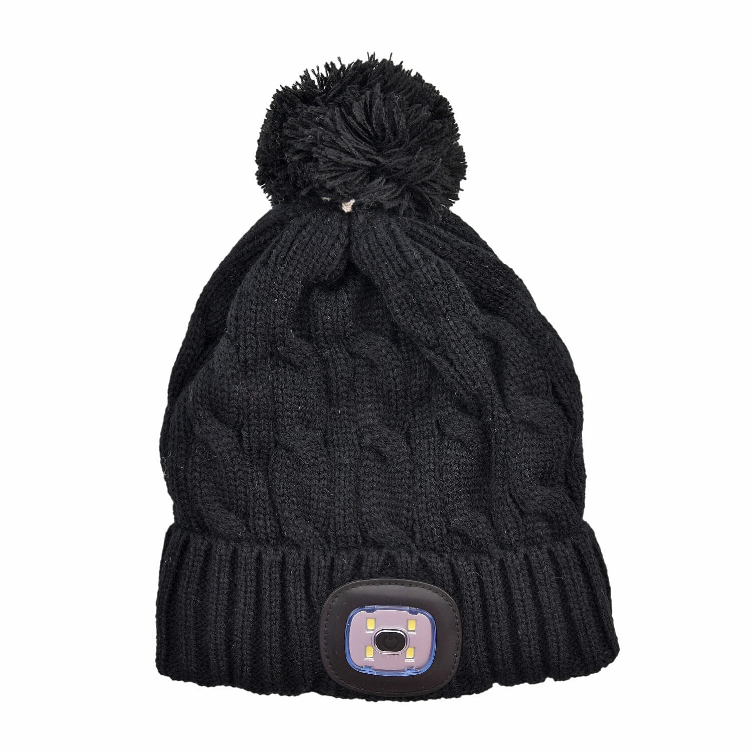 USB Rechargeable Waterproof LED Lighted Bobble Hat with Sherpa Lining (Size 26x20 Cm) - Black