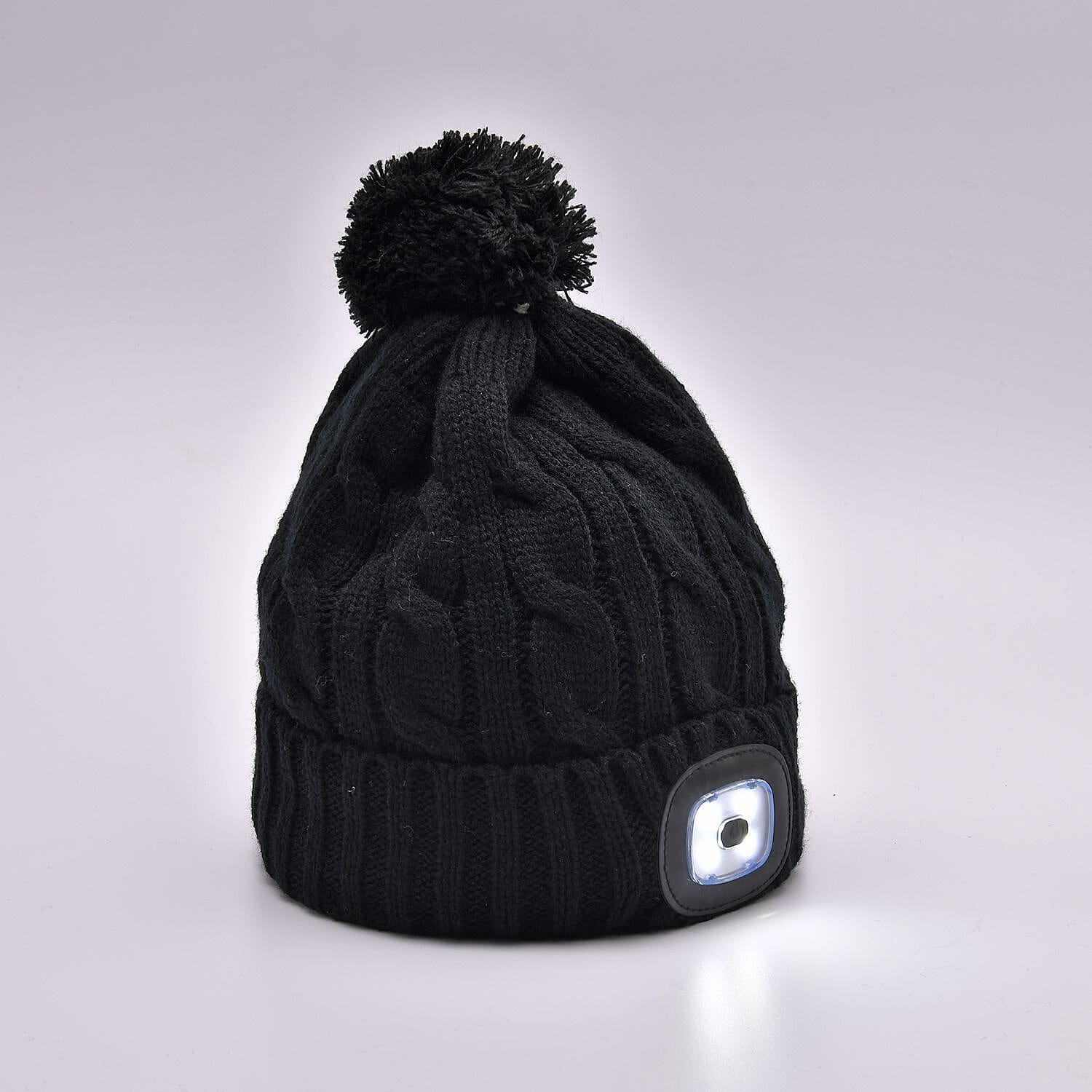 USB Rechargeable Waterproof LED Lighted Bobble Hat with Sherpa Lining (Size 26x20 Cm) - Black