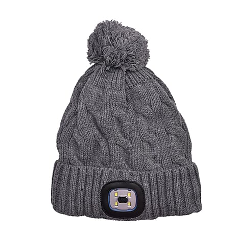 USB Rechargeable Waterproof LED Lighted Bobble Hat with Sherpa Lining  (Size 26x20 Cm) - Grey