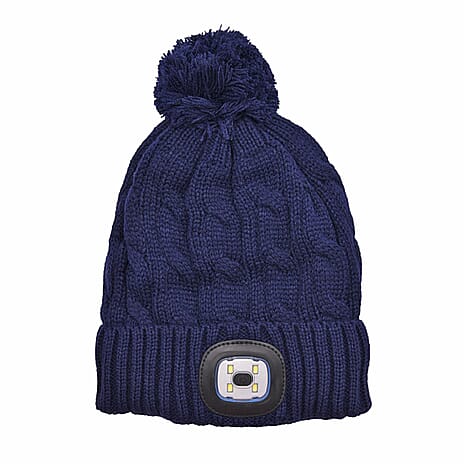 USB Rechargeable Waterproof LED Lighted Beanie Cap with Sherpa Lining and Faux Fur Baubble - Navy