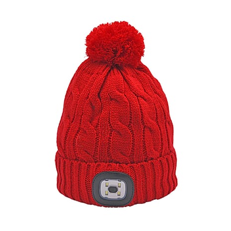 USB Rechargeable Waterproof LED Lighted Beanie Cap with Sherpa Lining and Faux Fur Bauble (Size 26x20 Cm) - Red