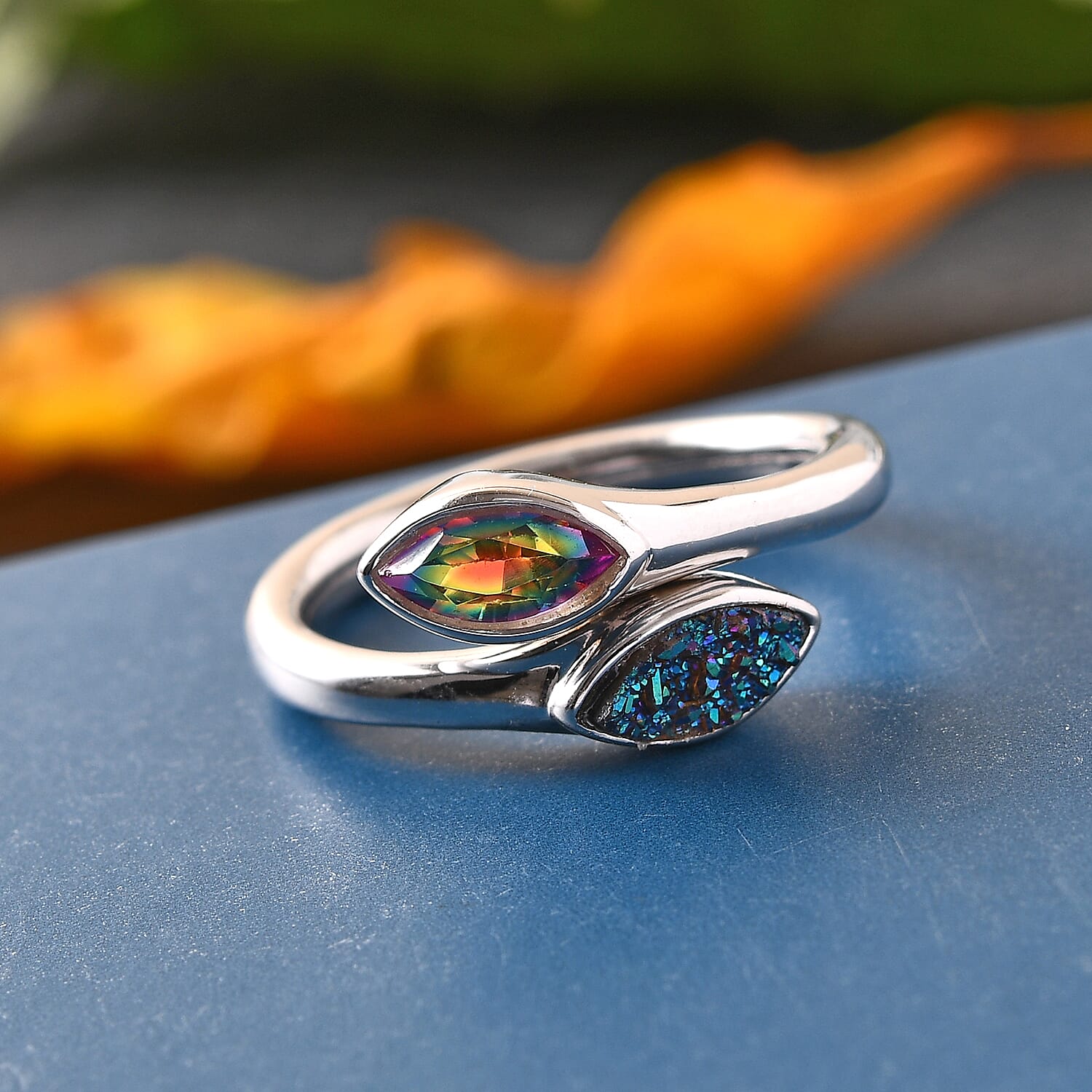 Sajen Silver ILLUMINATION Collection -  Drusy Forest and Doublet Quartz Hollow  Ring in Rhodium Overlay Sterling Silver 1.50Ct.