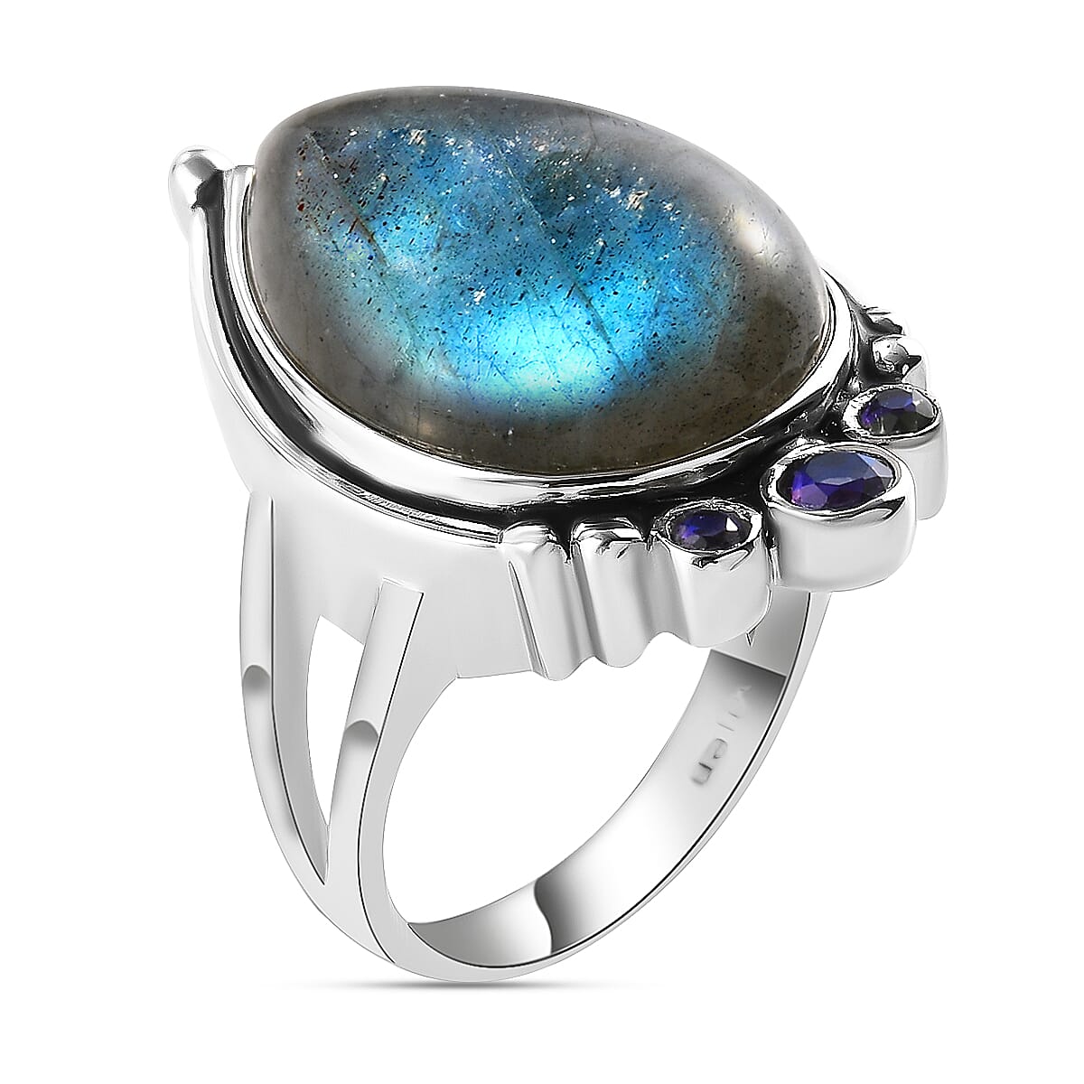 Sajen Silver Gem Vitality Collection - Labradorite, Rainbow Iris Doublet Quartz Enamelled Ring in Rhodium Overlay Sterling Silver 5.920 Ct, Silver wt 6.90 Gms