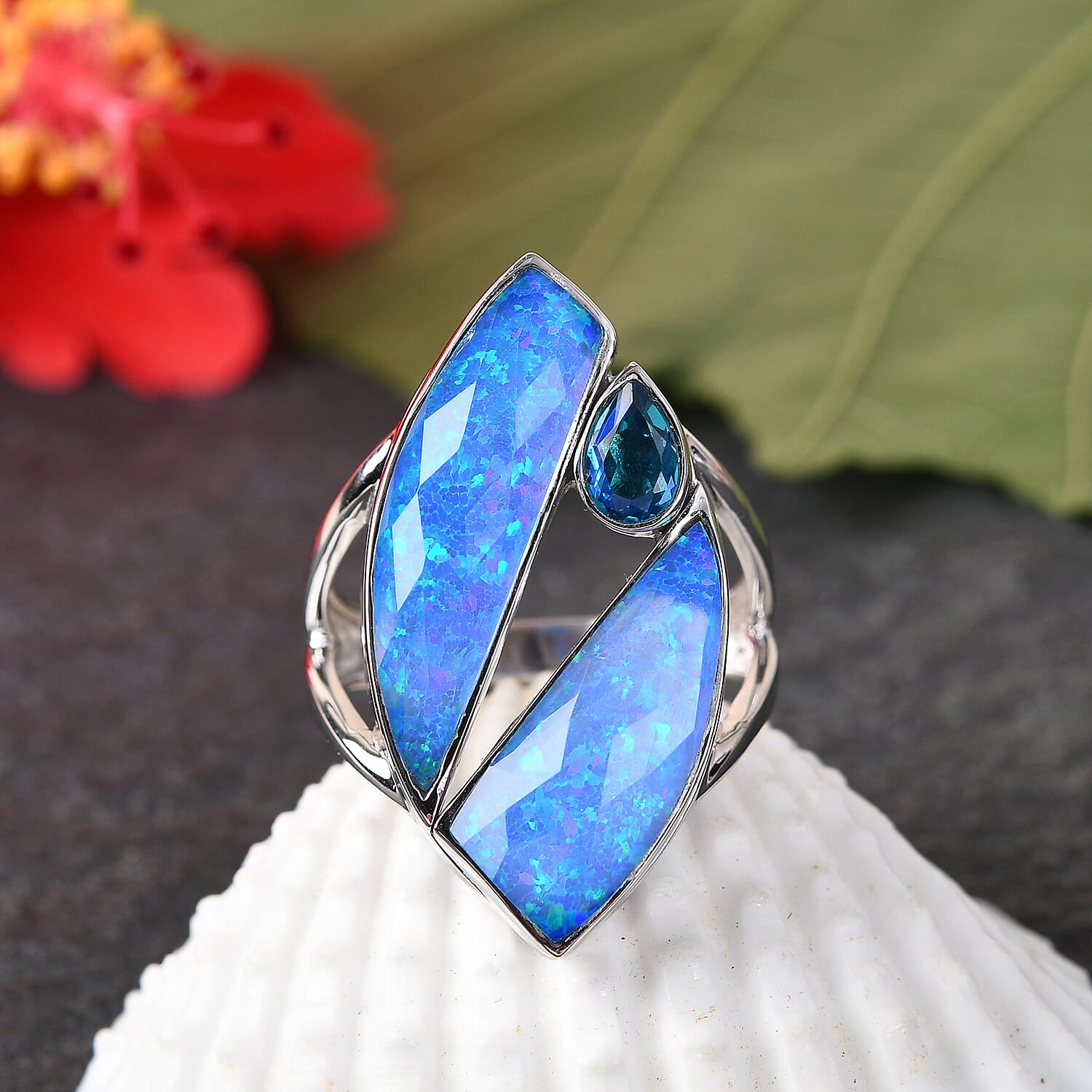 Sajen Silver ILLUMINATION Collection - Doublet Quartz, Opal and Pariba Ring in Rhodium Overlay Sterling Silver 10.12 Ct,  Silver Wt. 5.00 Gms.