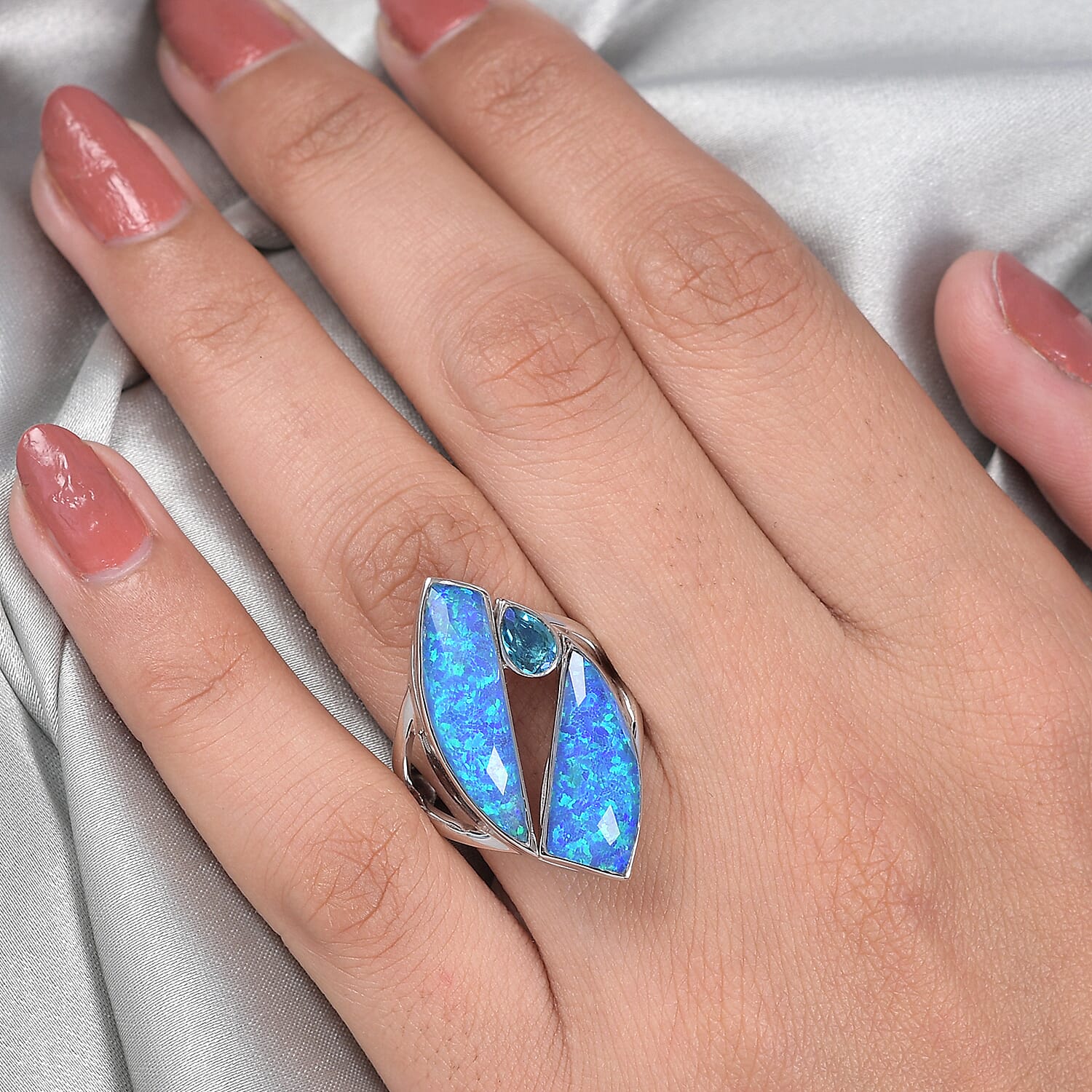 Sajen Silver ILLUMINATION Collection - Doublet Quartz, Opal and Pariba Ring in Rhodium Overlay Sterling Silver 10.12 Ct,  Silver Wt. 5.00 Gms.