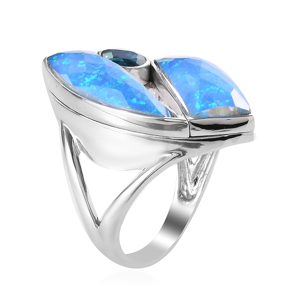 Sajen Silver ILLUMINATION Collection - Doublet Quartz, Opal and Pariba Ring in Rhodium Overlay Sterling Silver 10.12 Ct,  Silver Wt. 5.00 Gms.