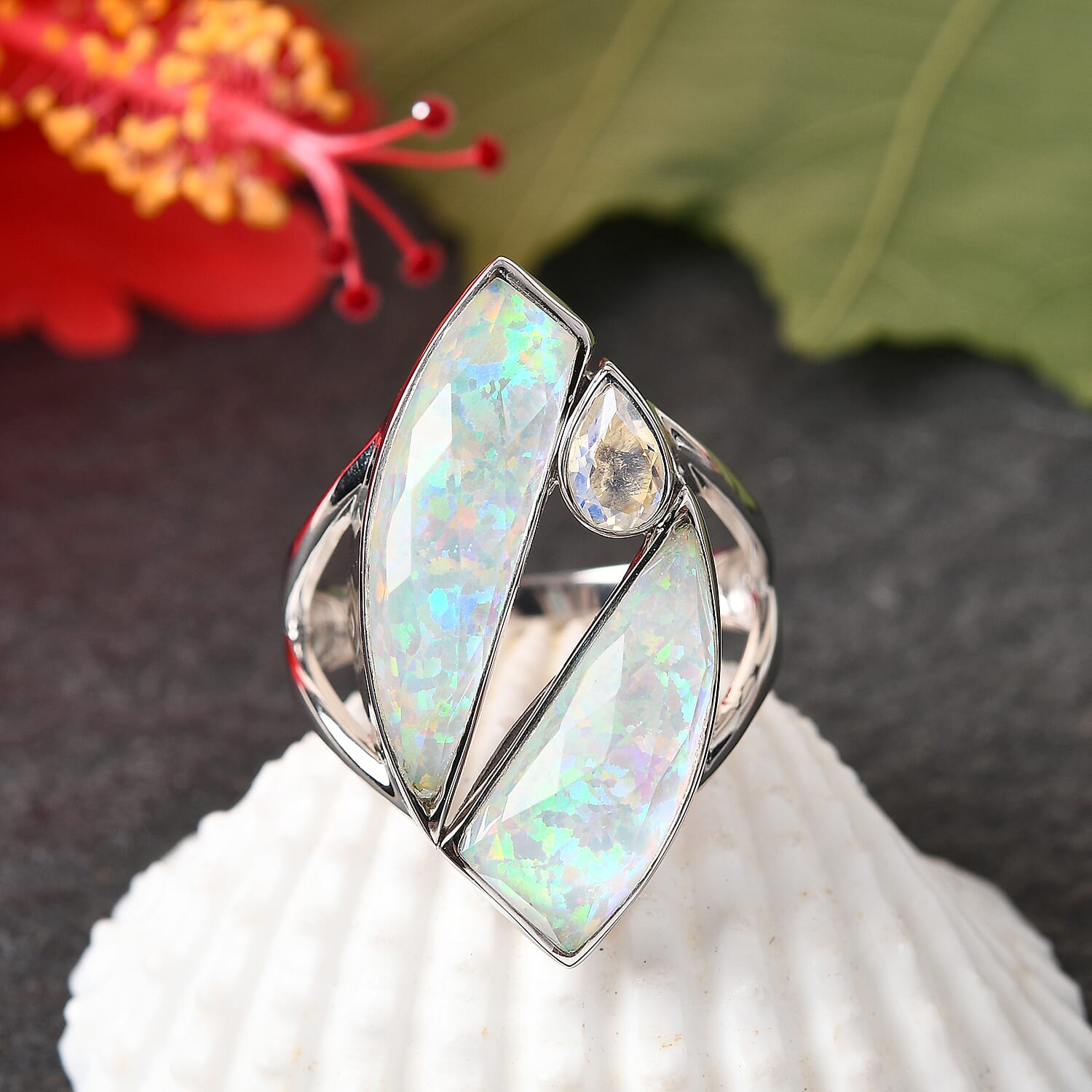 Sajen Silver ILLUMINATION Collection - Doublet Quartz and Rainbow Snow Ring in Rhodium Overlay Sterling Silver 10.12 ct,Silver Wt. 5 Gms.