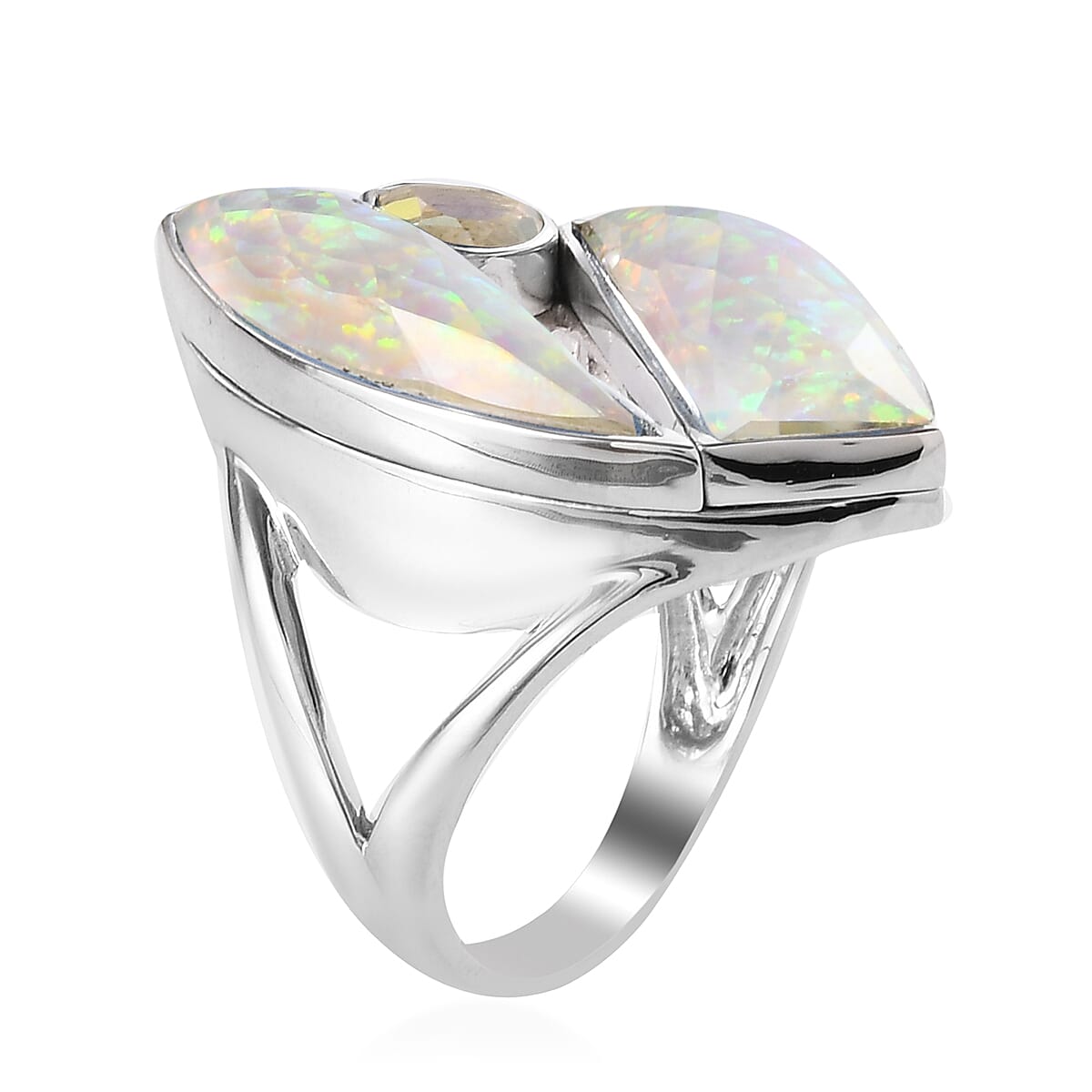 Sajen Silver ILLUMINATION Collection - Doublet Quartz and Rainbow Snow Ring in Rhodium Overlay Sterling Silver 10.12 ct,Silver Wt. 5 Gms.