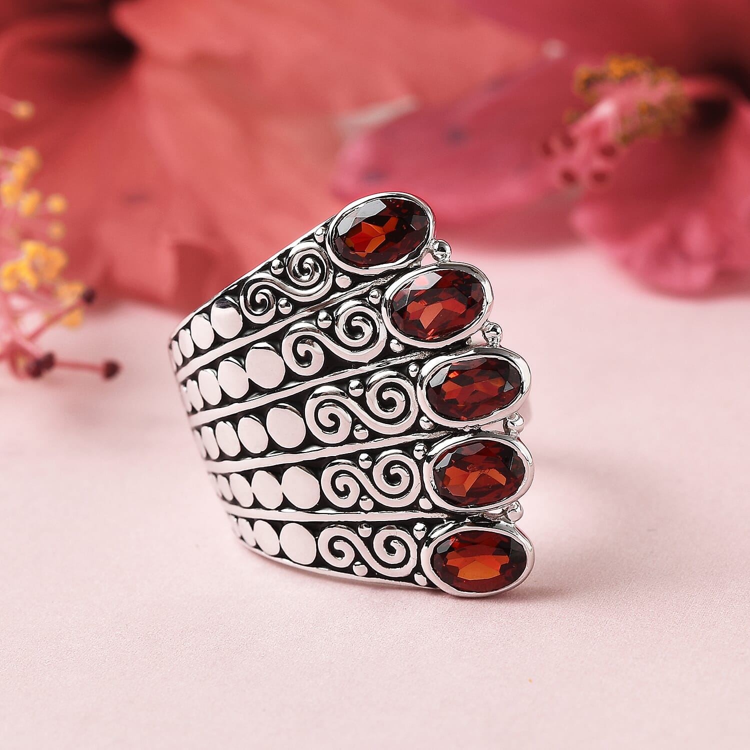 Royal Bali CULTURAL FLAIR Collection - Mozambique Garnet Enamelled Ring in Rhodium Overlay Sterling Silver 2.25 Ct, Silver Wt 8.50 Gms