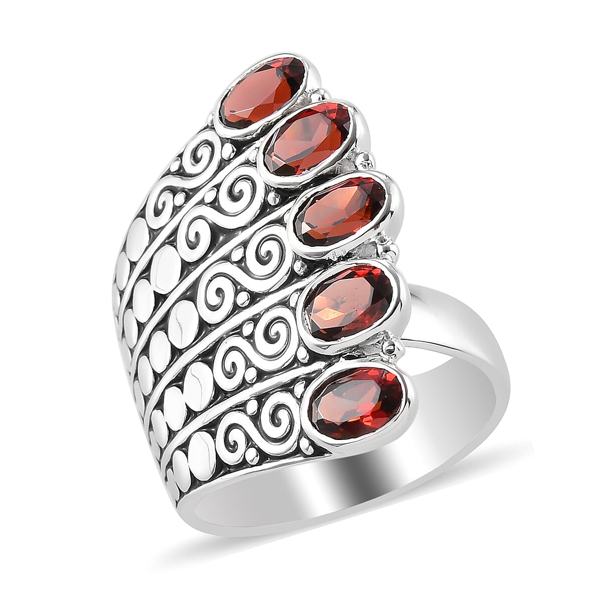 Royal Bali CULTURAL FLAIR Collection - Mozambique Garnet Enamelled Ring in Rhodium Overlay Sterling Silver 2.25 Ct, Silver Wt 8.50 Gms