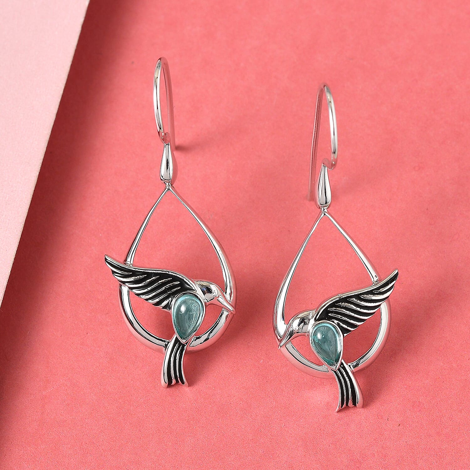 Sajen Silver NATURES JOY Collection - Blue Green Apatite Flying Bird Enamelled Hook Earrings in Rhodium Overlay Sterling Silver