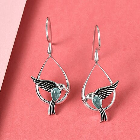 Sajen Silver NATURES JOY Collection - Blue Green Apatite Flying Bird Enamelled Hook Earrings in Rhodium Overlay Sterling Silver