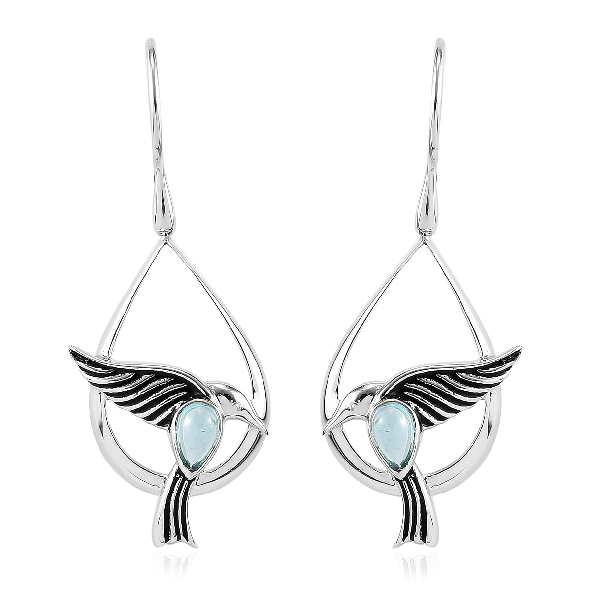 Sajen Silver NATURES JOY Collection - Blue Green Apatite Flying Bird Enamelled Hook Earrings in Rhodium Overlay Sterling Silver