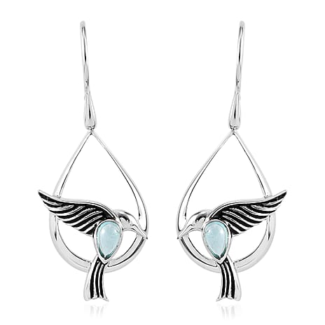 Sajen Silver NATURES JOY Collection - Blue Green Apatite Flying Bird Enamelled Hook Earrings in Rhodium Overlay Sterling Silver