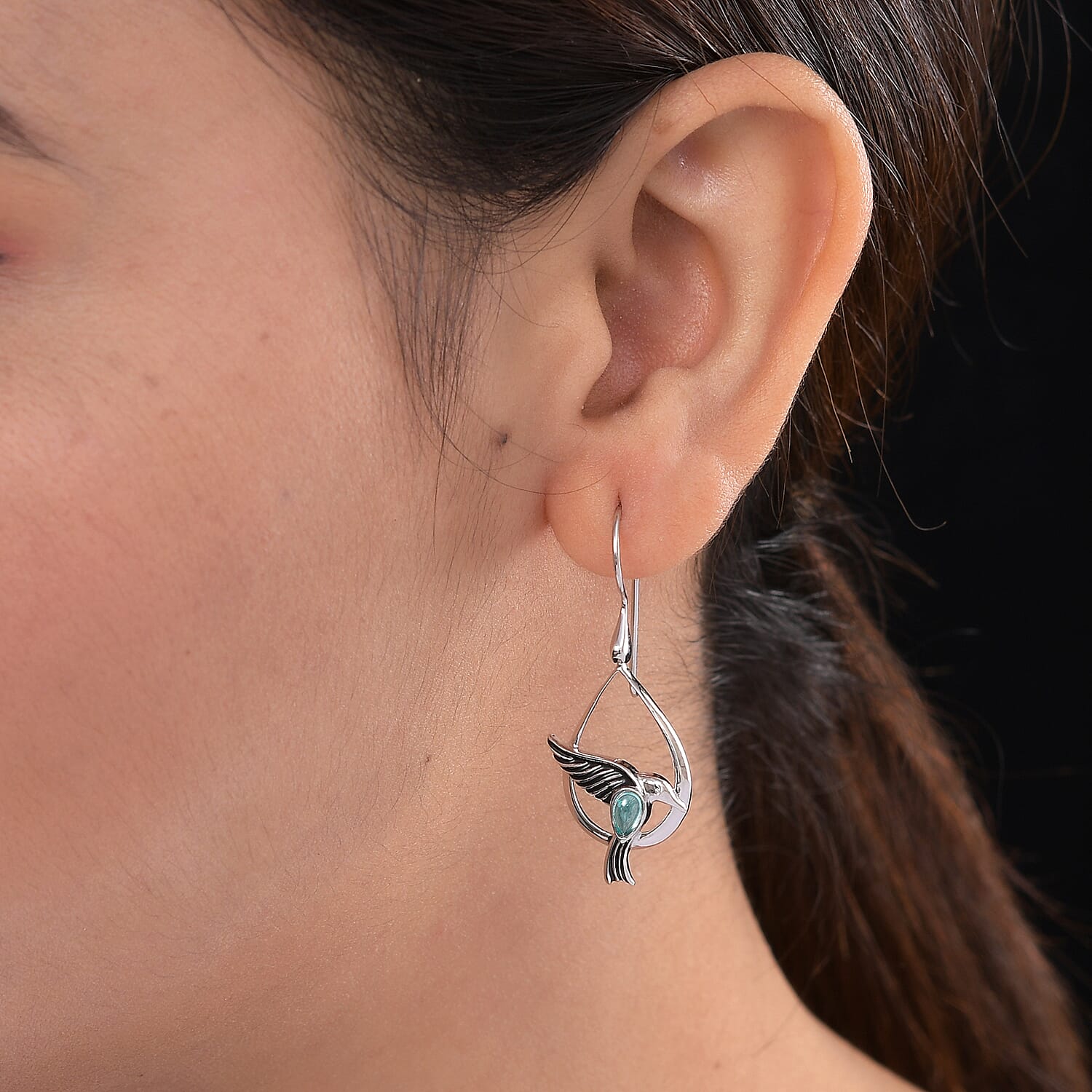 Sajen Silver NATURES JOY Collection - Blue Green Apatite Flying Bird Enamelled Hook Earrings in Rhodium Overlay Sterling Silver