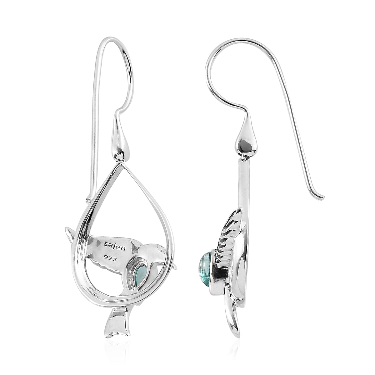 Sajen Silver NATURES JOY Collection - Blue Green Apatite Flying Bird Enamelled Hook Earrings in Rhodium Overlay Sterling Silver