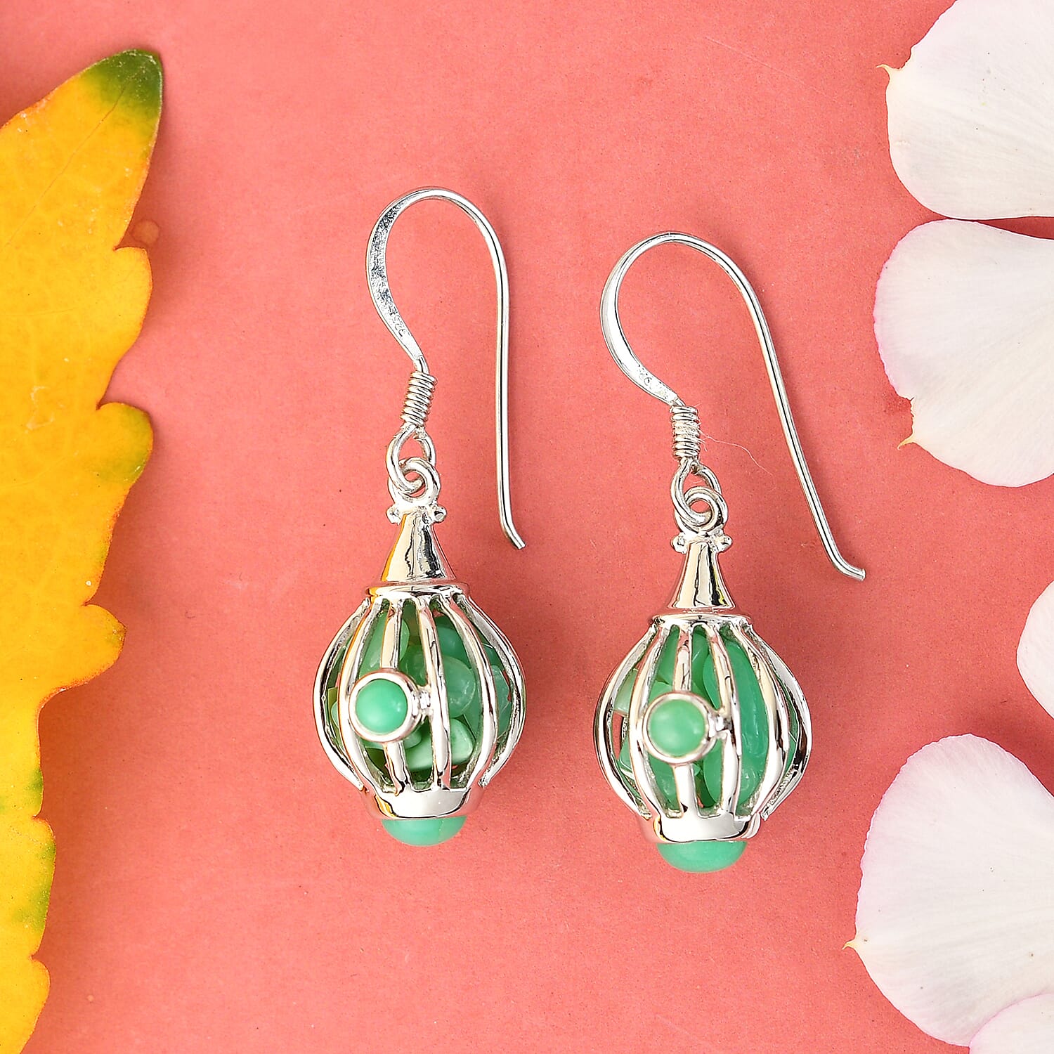 Sajen Silver Gem Vitality Collection - Chrysoprase Hook Earrings in Rhodium Overlay Sterling Silver 9.92 Ct.