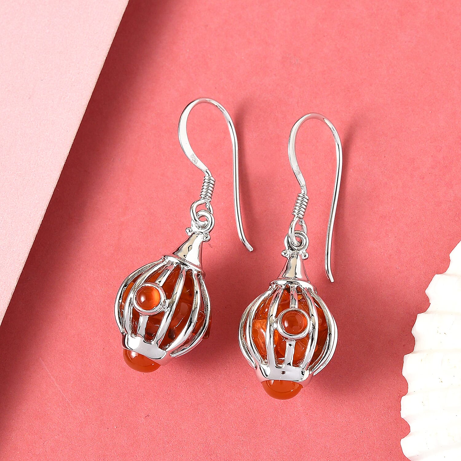Sajen Silver Gem Vitality Collection - Carnelian Hook Earrings in Rhodium Overlay Sterling Silver 9.92 Ct.