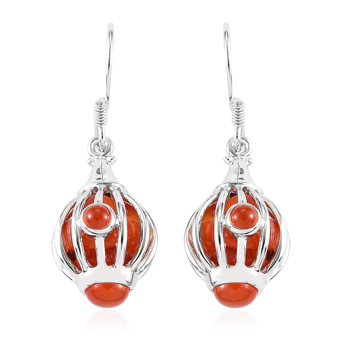 Sajen Silver Gem Vitality Collection - Carnelian Hook Earrings in Rhodium Overlay Sterling Silver 9.92 Ct.