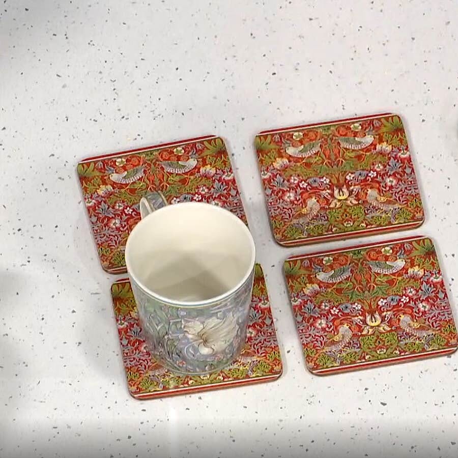 Set of 4 - Lesser & Pavey - Willam Morris Strawberry Thief Red Coasters (10.5x10.5cm)
