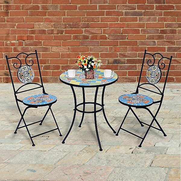 3 Piece Set - Square Pattern Mosaic Bistro Set Table (Size:60x60x70Cm) and 2 Chairs (Size:39x44x90Cm) - Multi