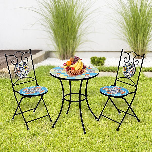 3 Piece Set - Square Pattern Mosaic Bistro Set Table (Size:60x60x70Cm) and 2 Chairs (Size:39x44x90Cm) - Multi