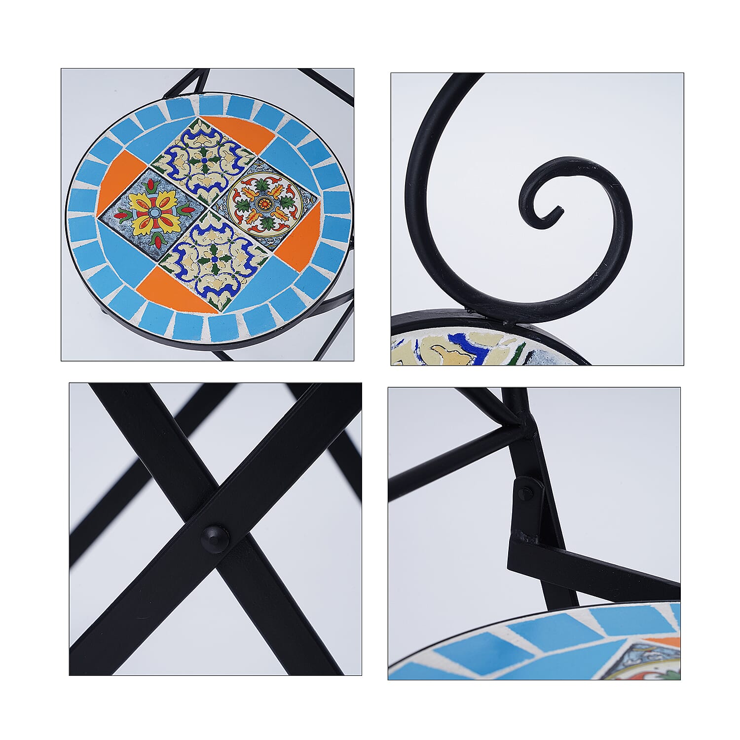 3 Piece Set - Square Pattern Mosaic Bistro Set Table (Size:60x60x70Cm) and 2 Chairs (Size:39x44x90Cm) - Multi