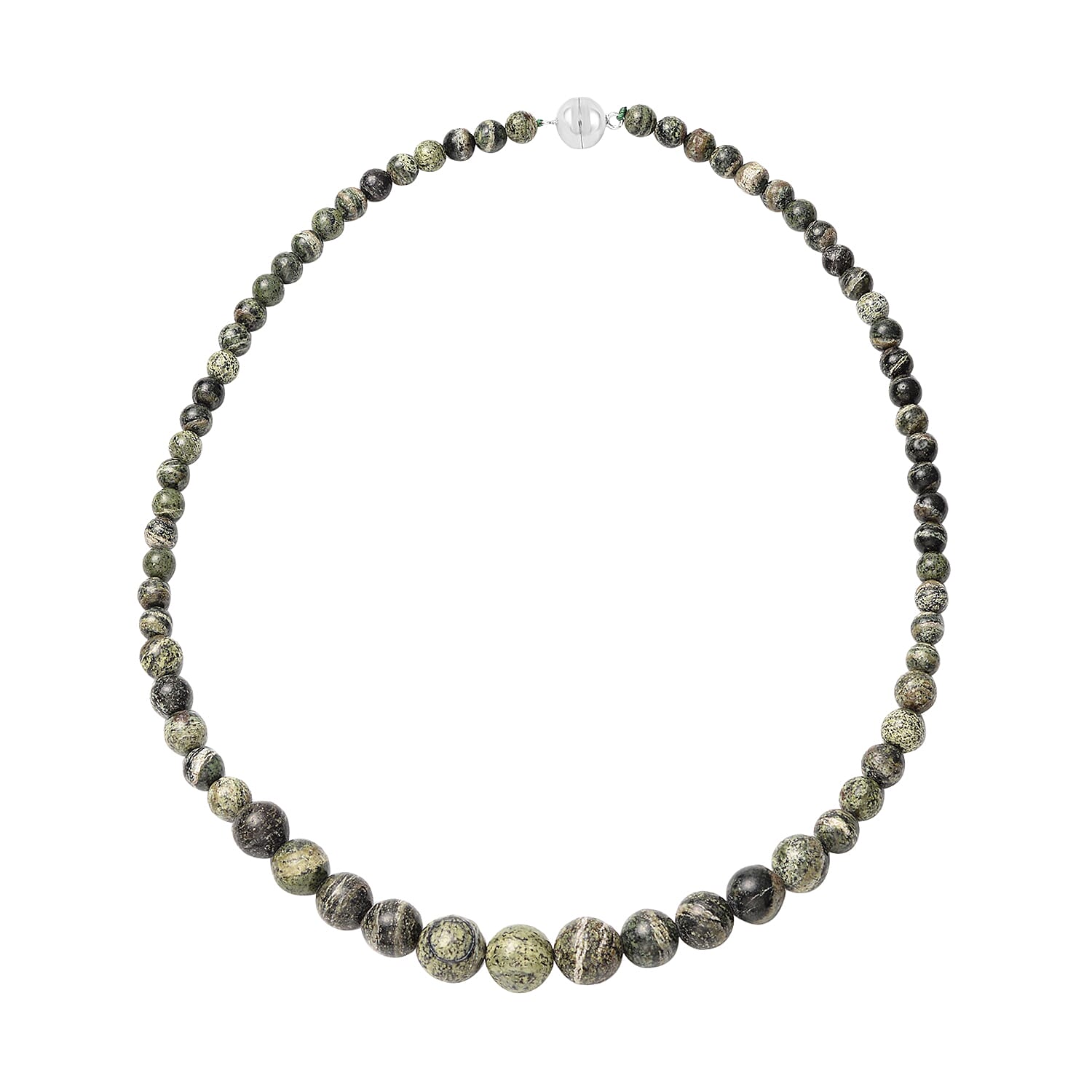 Green Zebra Jasper Beads Necklace (Size - 20) in Rhodium Overlay Sterling Silver 175.00 Ct.