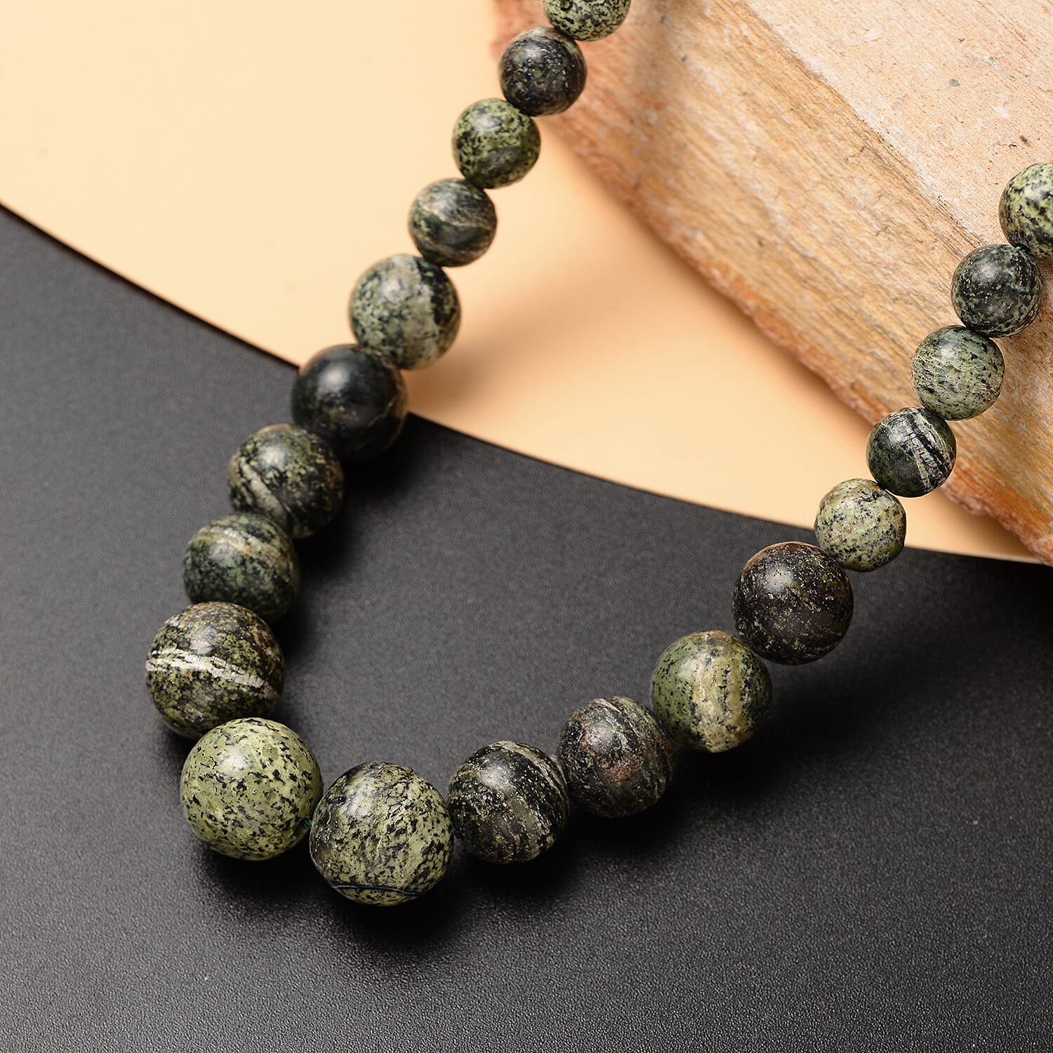 Green Zebra Jasper Beads Necklace (Size - 20) in Rhodium Overlay Sterling Silver 175.00 Ct.