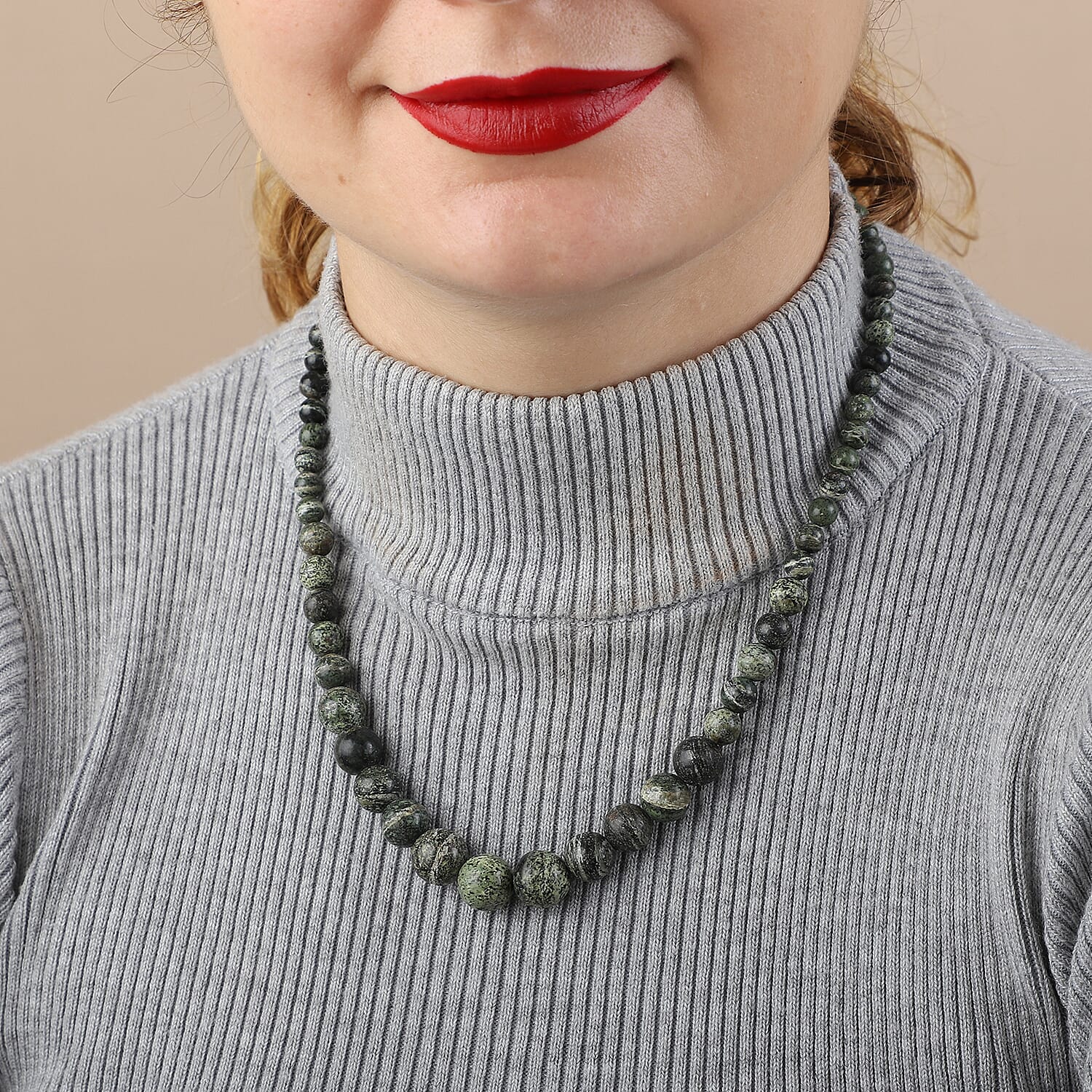 Green Zebra Jasper Beads Necklace (Size - 20) in Rhodium Overlay Sterling Silver 175.00 Ct.