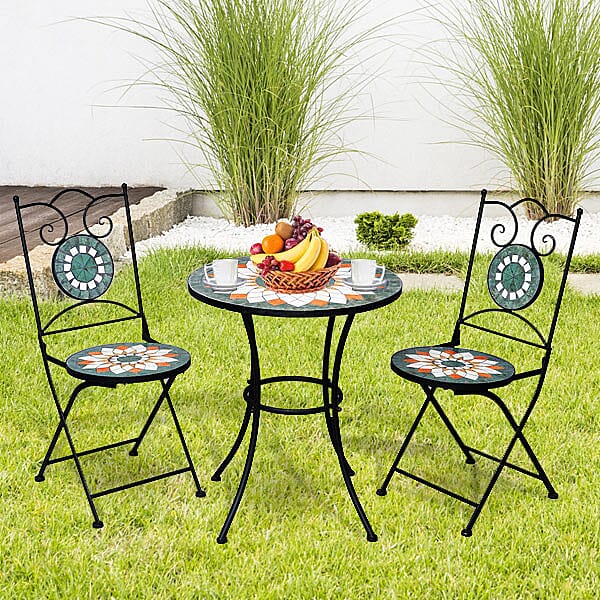 3 Piece Set - Geometric Shape Pattern Mosaic Bistro Set Table (Size:60x60x70Cm) and 2 Chairs (Size:39x44x90Cm) - Multi