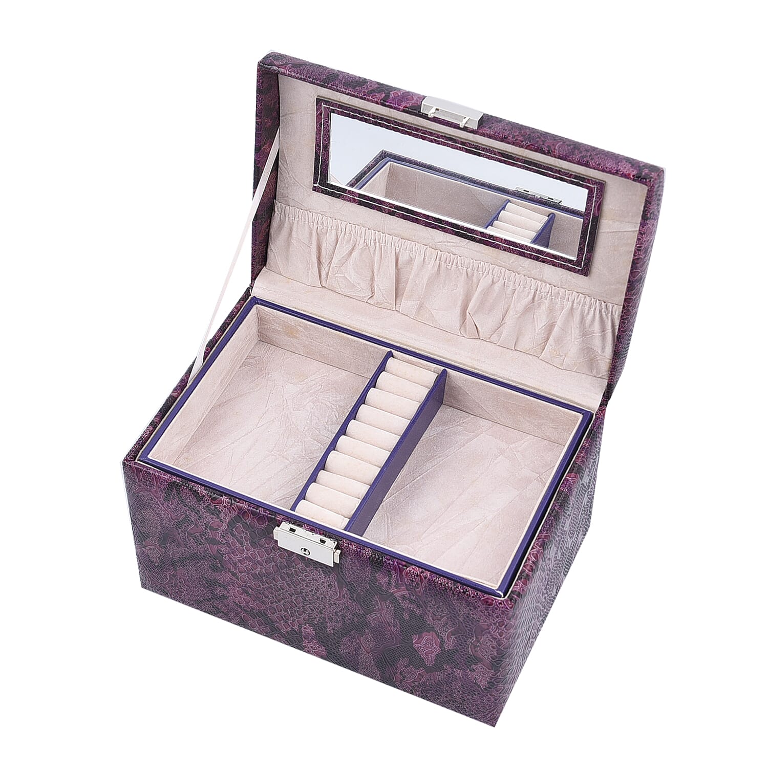 Three Layer Snake Skin Pattern Jewellery Box with Velvet Inner Lining (Size 23x15x15 Cm) - Purple