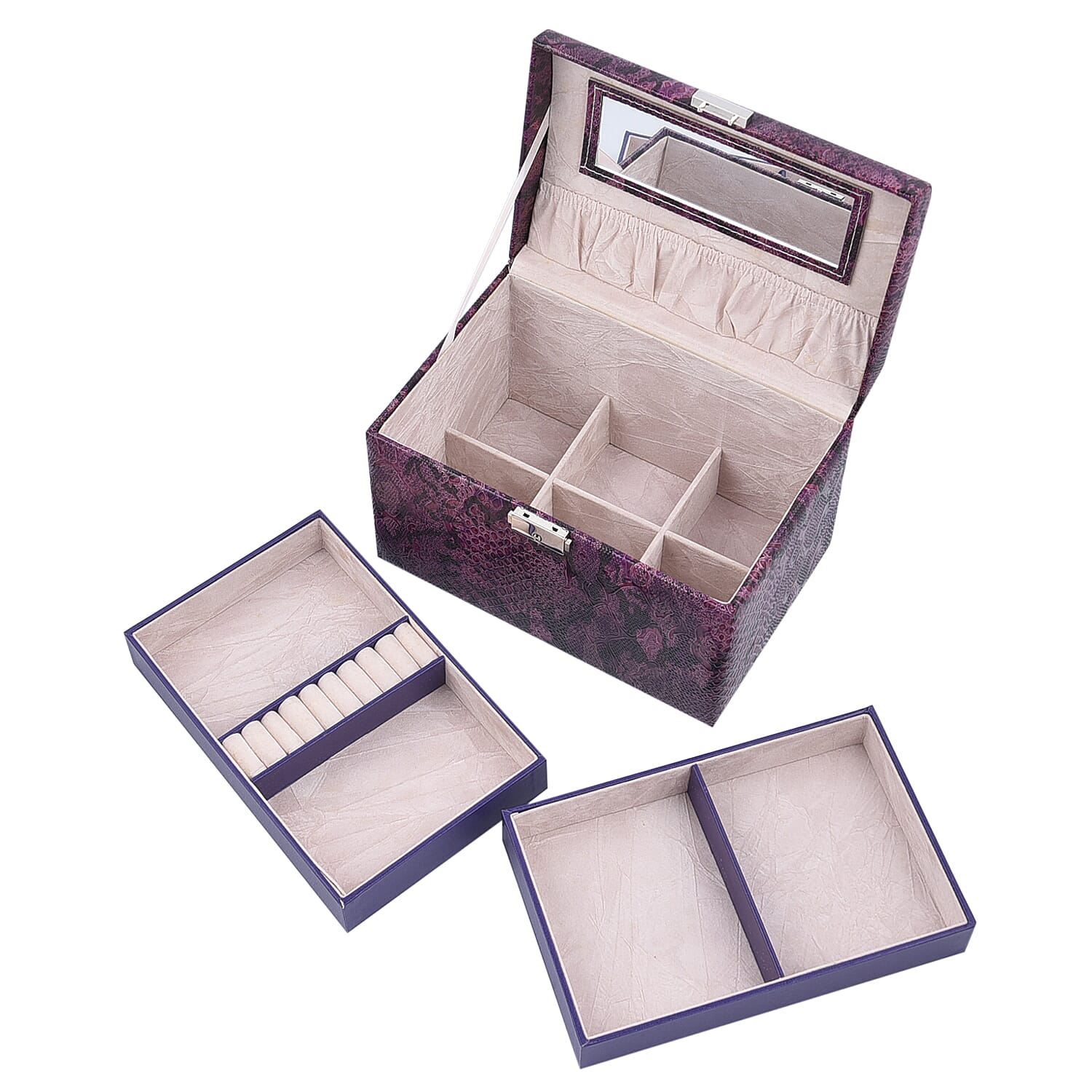 Three Layer Snake Skin Pattern Jewellery Box with Velvet Inner Lining (Size 23x15x15 Cm) - Purple