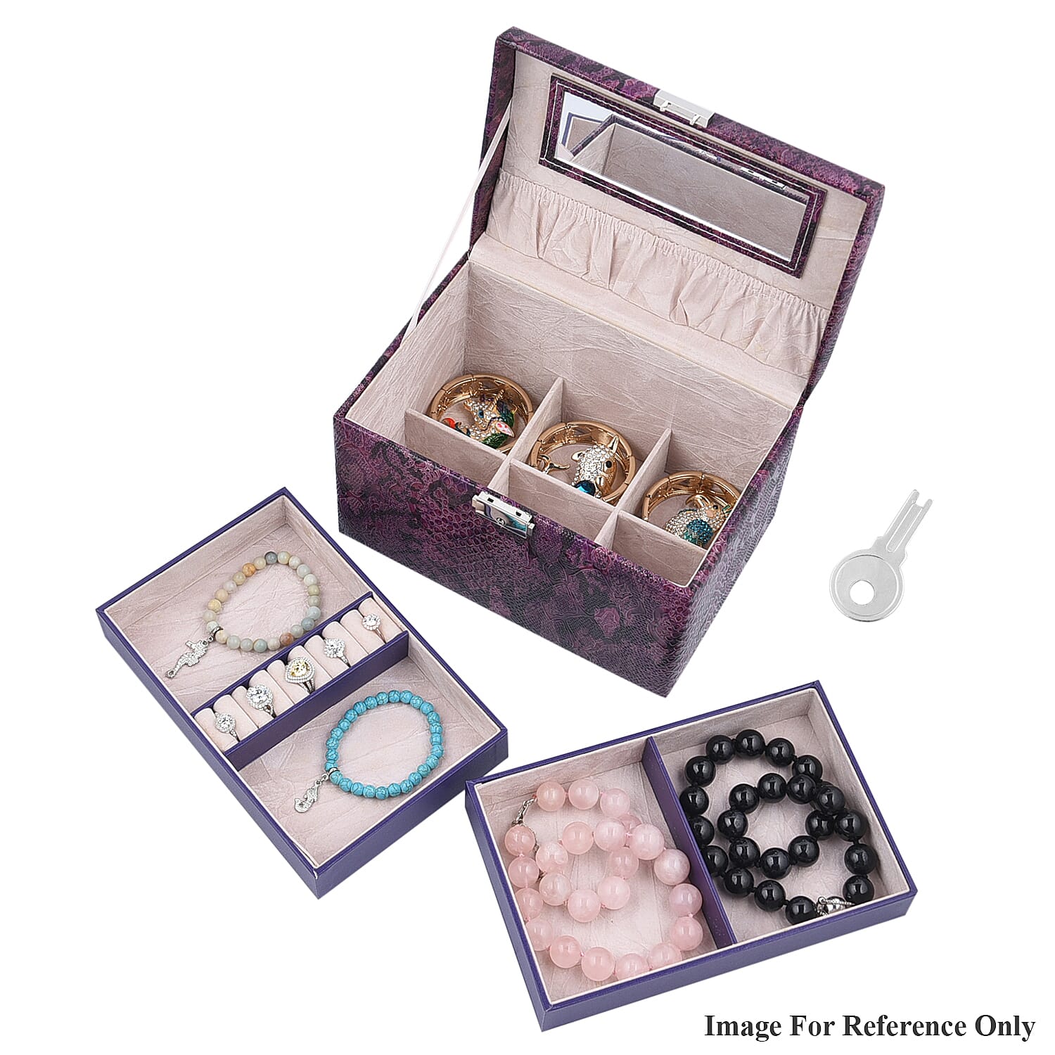 Three Layer Snake Skin Pattern Jewellery Box with Velvet Inner Lining (Size 23x15x15 Cm) - Purple