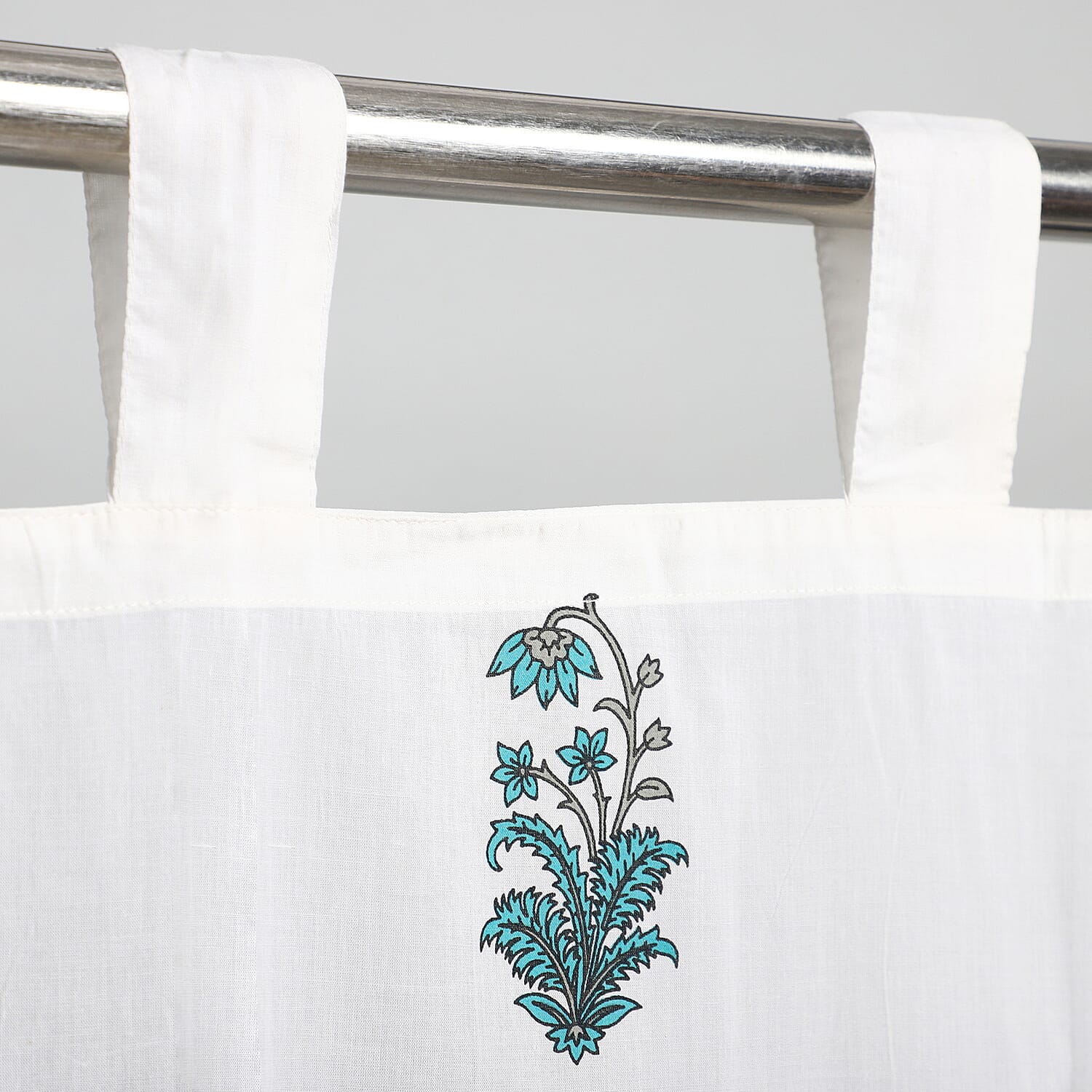 Set of 2 - Floral Printed Cotton Curtain with Tie Back Loops - White, Teal & Grey