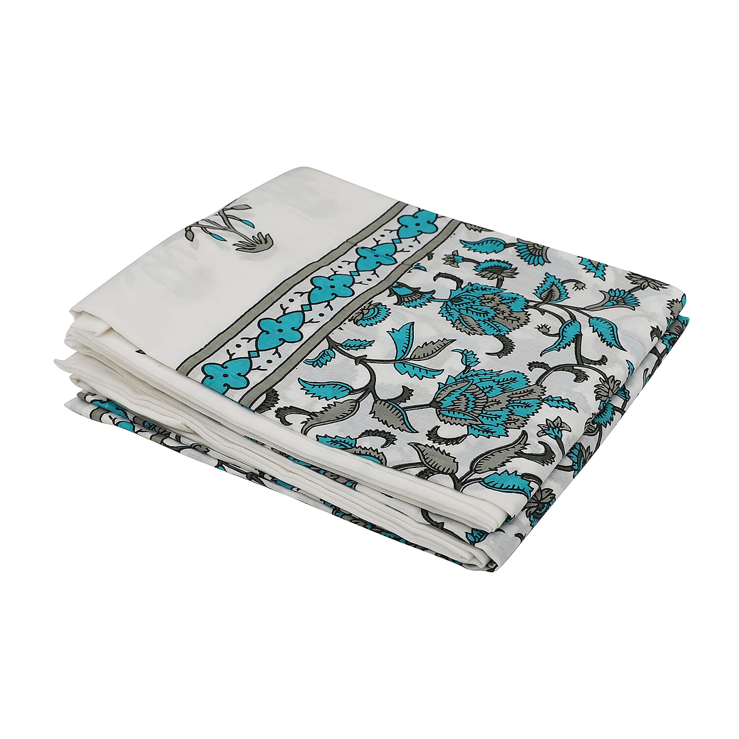 Set of 2 - Floral Printed Cotton Curtain with Tie Back Loops - White, Teal & Grey