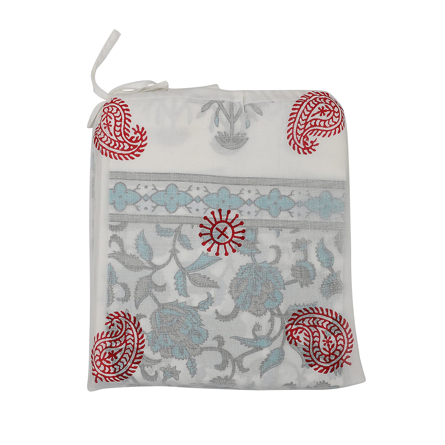 Set of 2 - Floral Printed Cotton Curtain with Tie Back Loops - White, Teal & Grey