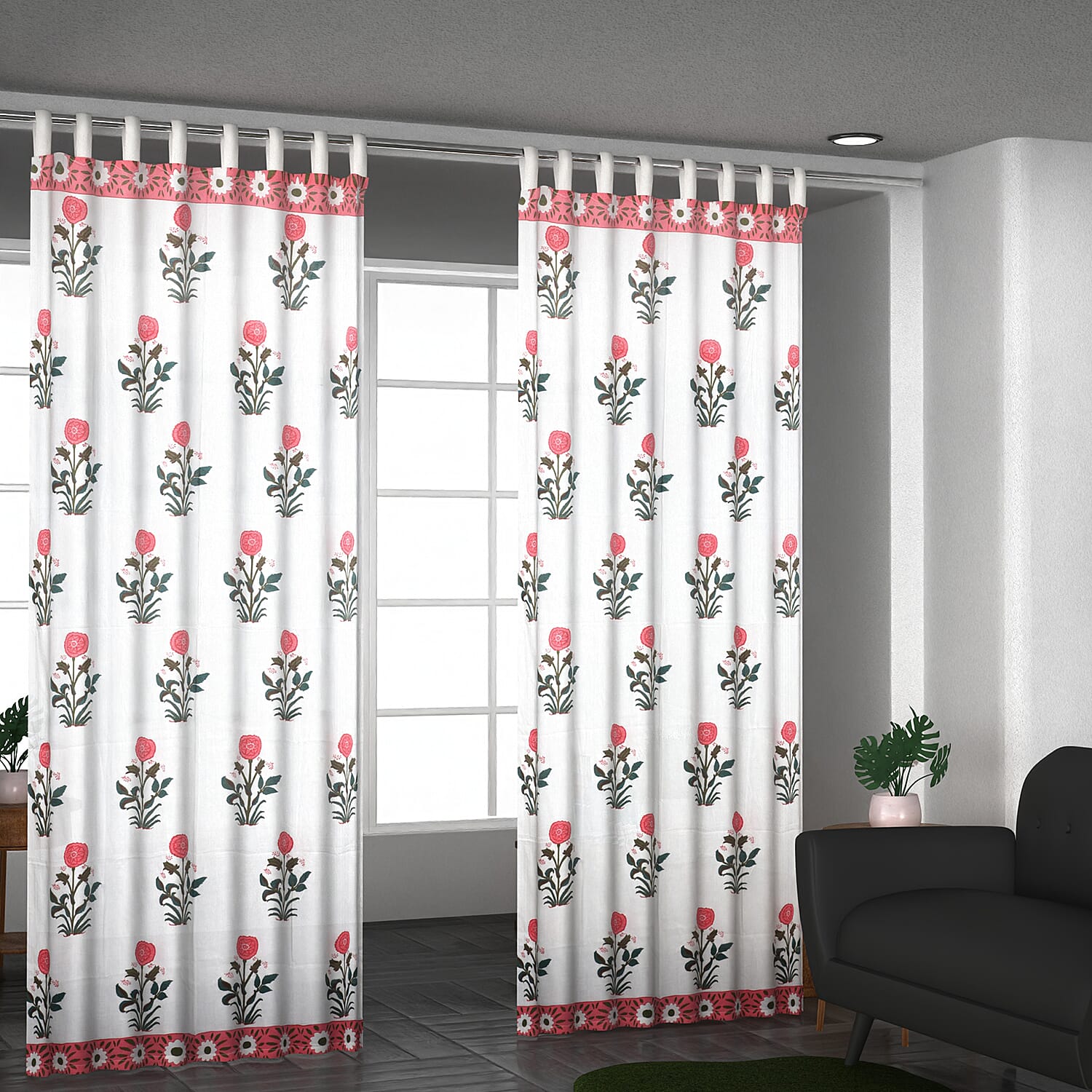 Set of 2 - Floral Printed Cotton Curtain with Tie Back Loops (Size 245x110 cm) - White, Pink - Green