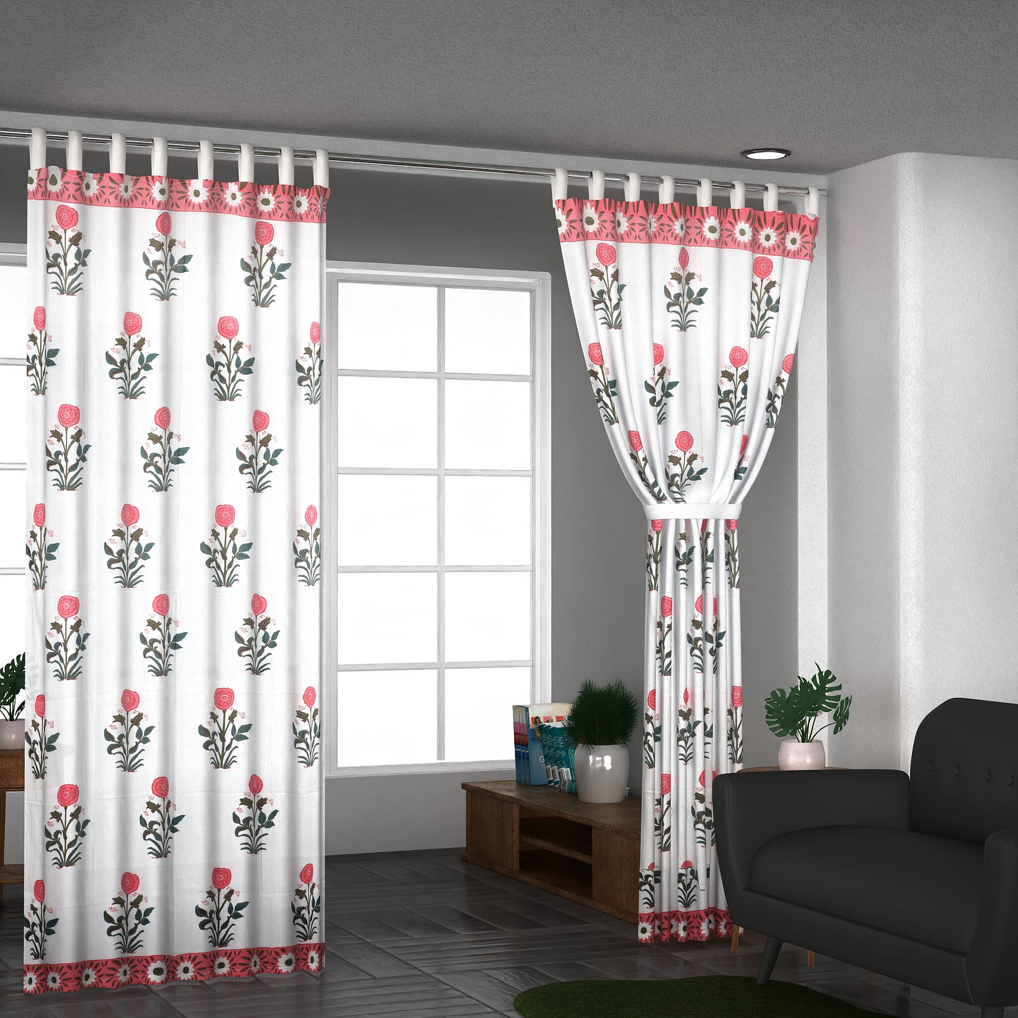 Set of 2 - Floral Printed Cotton Curtain with Tie Back Loops (Size 245x110 cm) - White, Pink - Green
