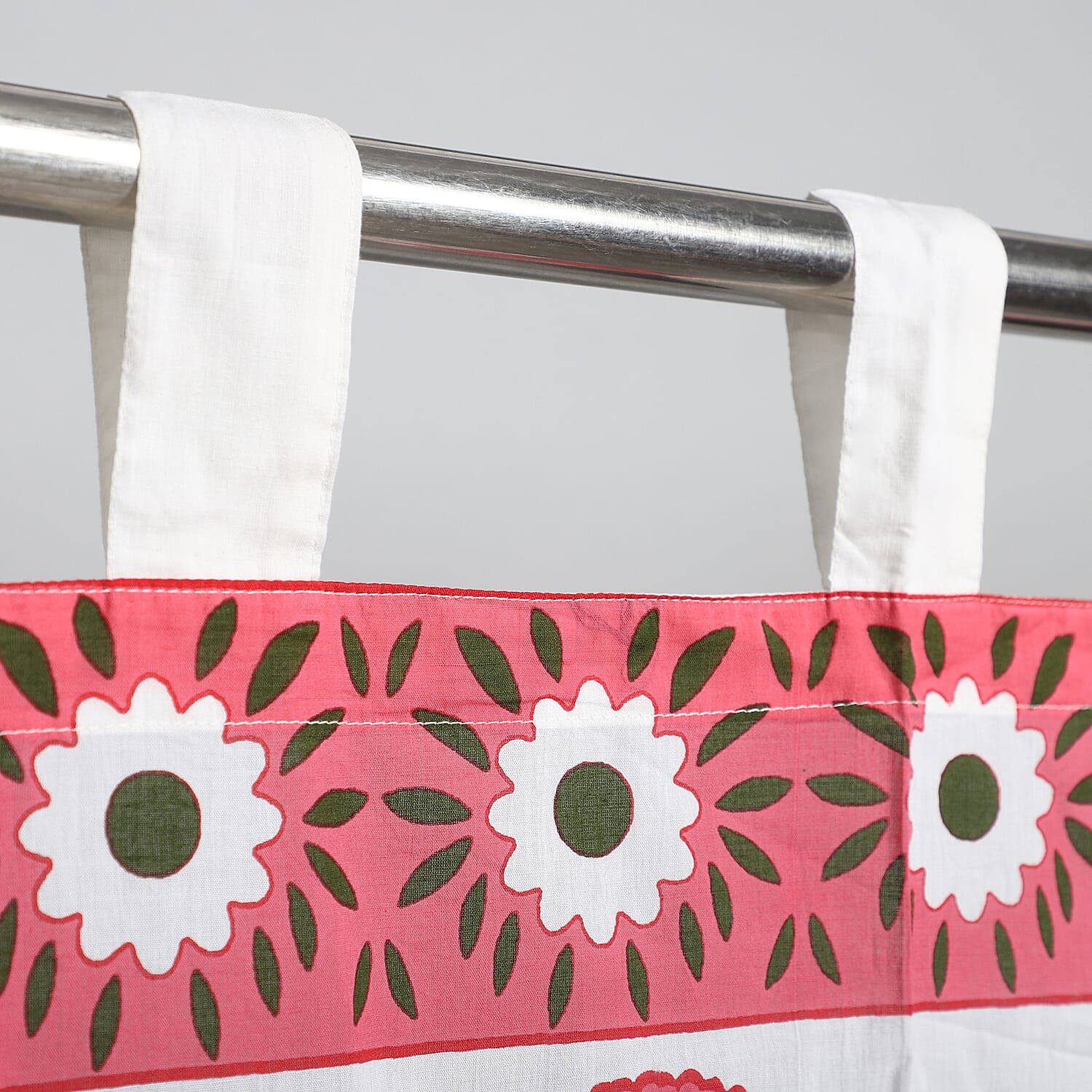 Set of 2 - Floral Printed Cotton Curtain with Tie Back Loops (Size 245x110 cm) - White, Pink - Green