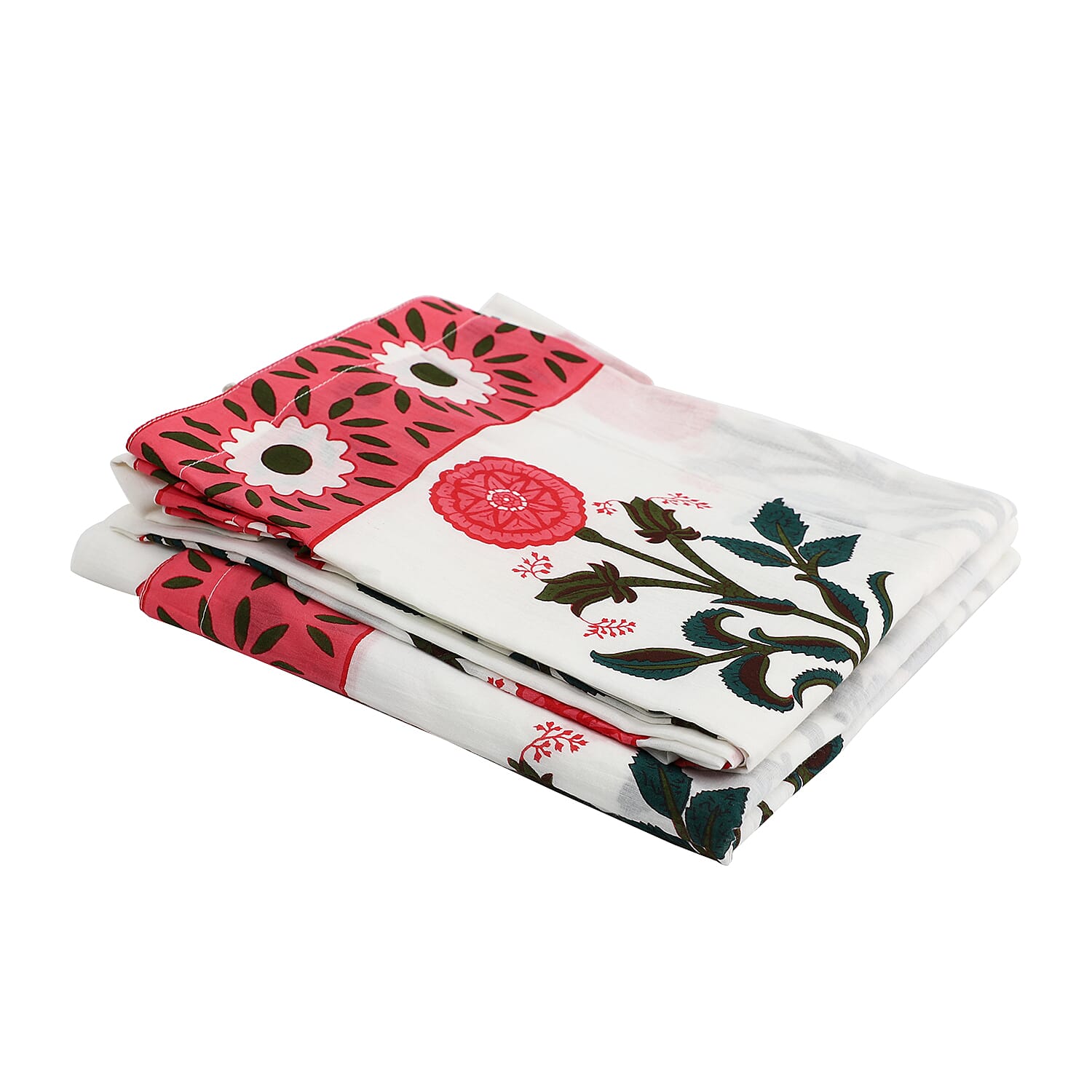 Set of 2 - Floral Printed Cotton Curtain with Tie Back Loops (Size 245x110 cm) - White, Pink - Green