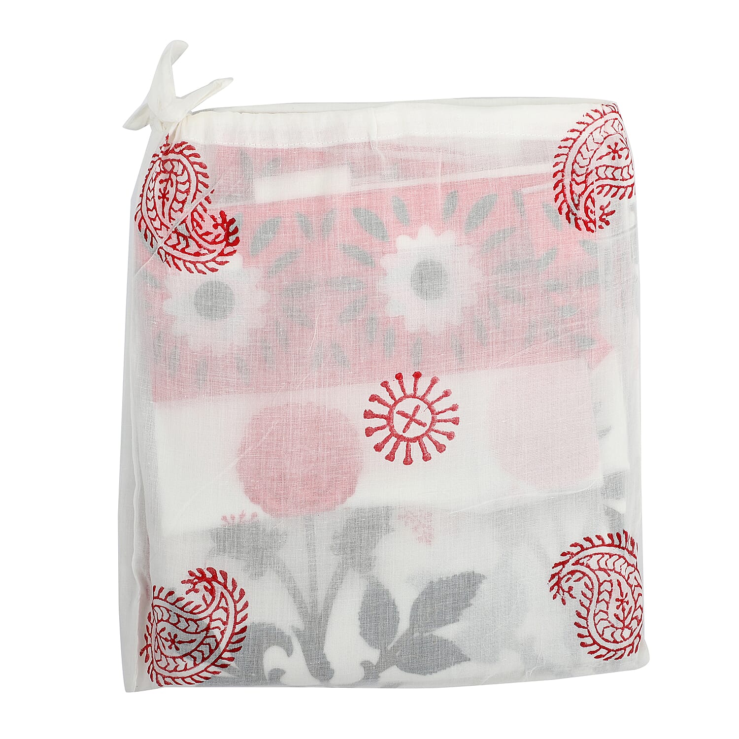 Set of 2 - Floral Printed Cotton Curtain with Tie Back Loops (Size 245x110 cm) - White, Pink - Green