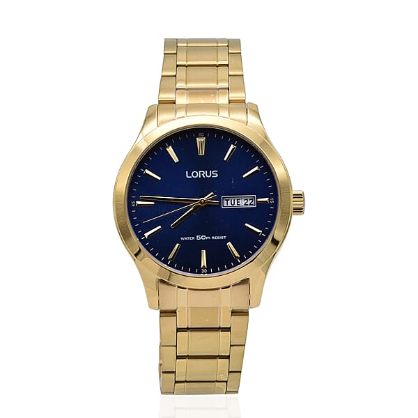 Lorus Mens Quartz Dress Watch with Stainless Steel Gold Bracelet & Blue