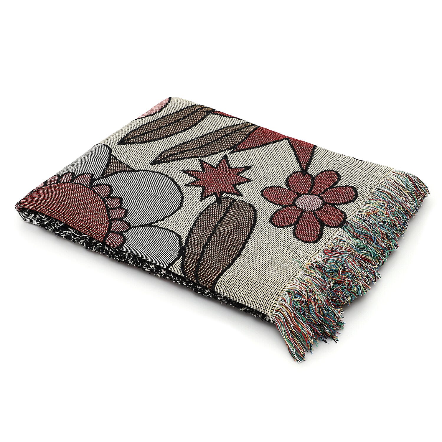 Jacquard Woven Big Flower Printed Throw with Fringes (Size 150x126Cm) - Red, Pink and Multi