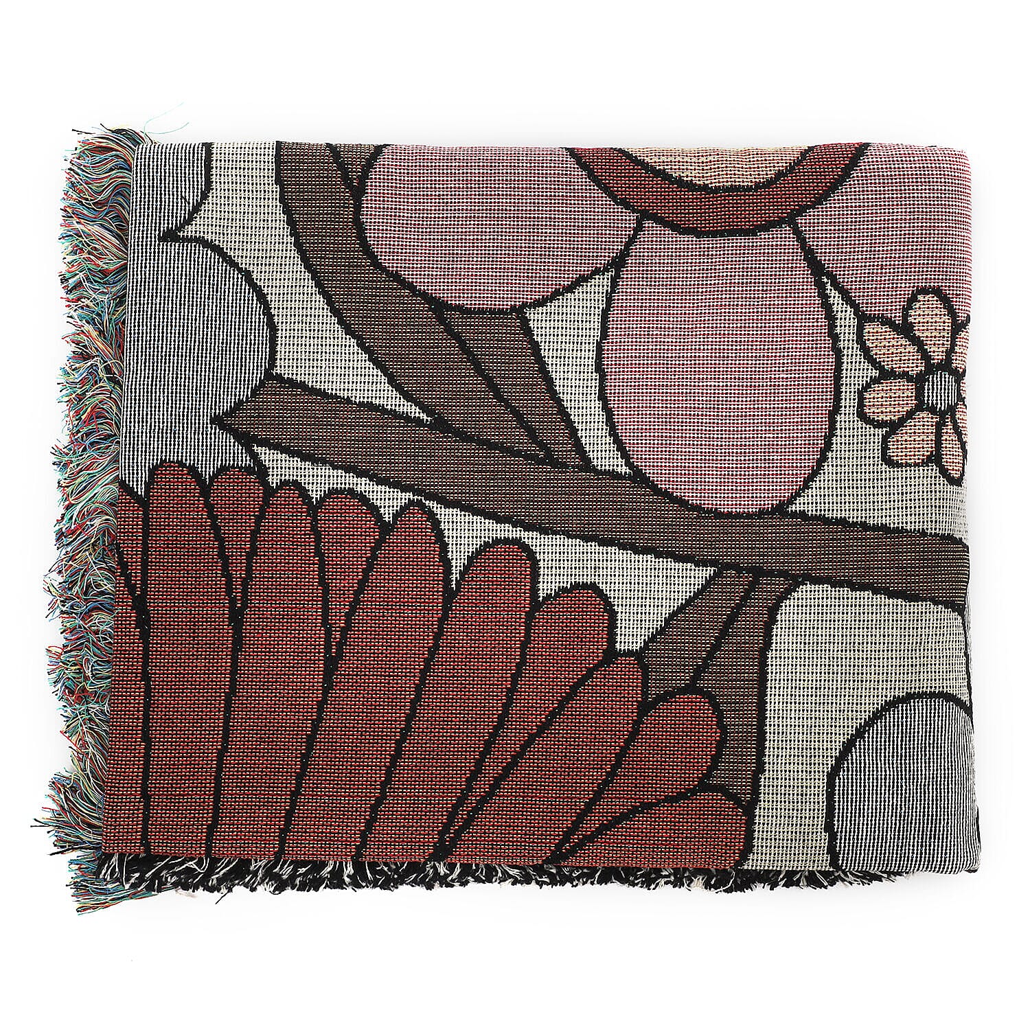 Jacquard Woven Big Flower Printed Throw with Fringes (Size 150x126Cm) - Red, Pink and Multi