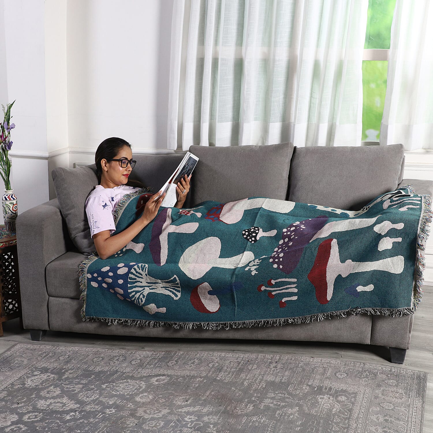 Jacquard Woven Mushroom Printed Throw with Fringes (Size -150x130Cm) - Teal, Beige and Multi