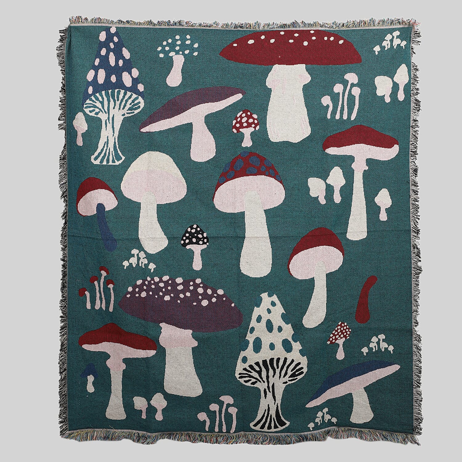 Jacquard Woven Mushroom Printed Throw with Fringes (Size -150x130Cm) - Teal, Beige and Multi