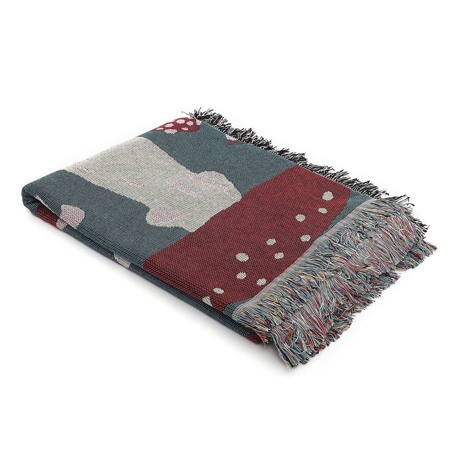 Jacquard Woven Mushroom Printed Throw with Fringes (Size -150x130Cm) - Teal, Beige and Multi