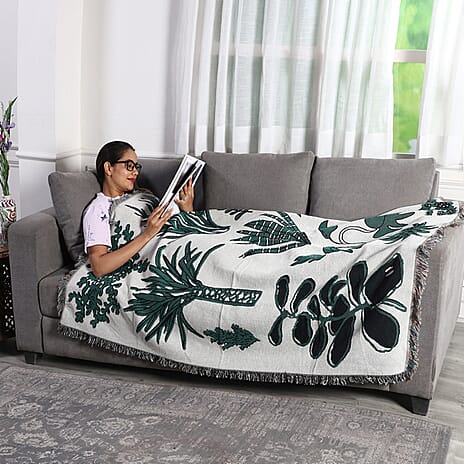 Jacquard Woven Palm Tree Printed Throw with Fringes (Size 150x126 Cm ) - Green - Ivory